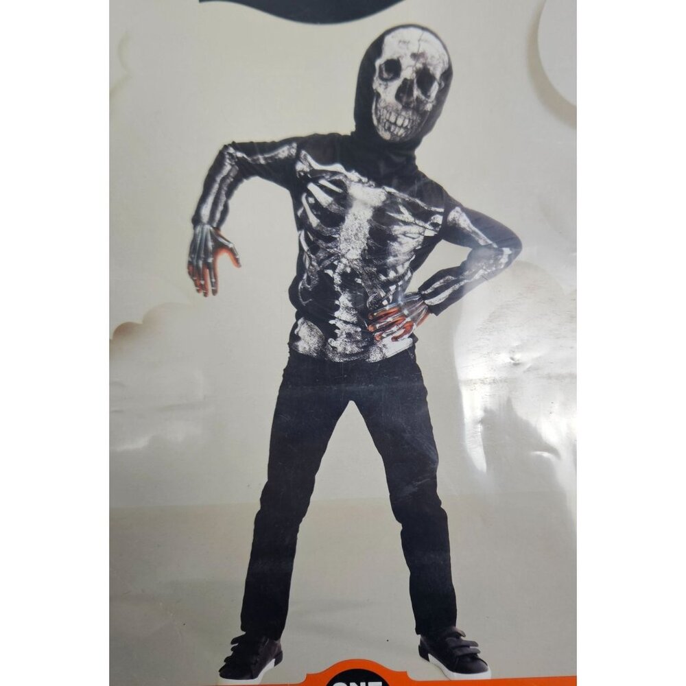 Kids Skeleton Costume Glows Under Blacklight Shirt & Mask One Size Ages 3+